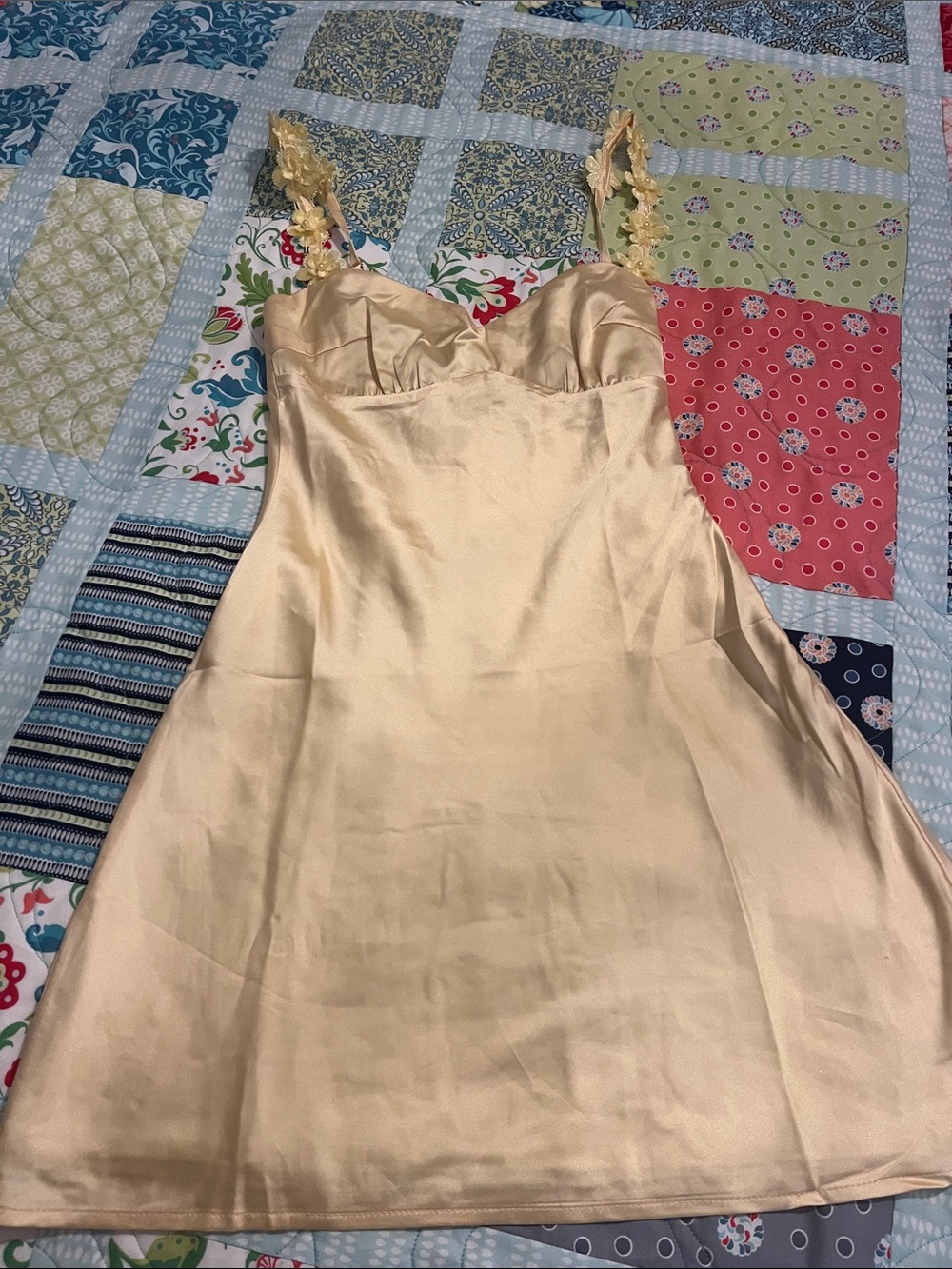 Yellow Satin Mini Dress with Lacey floral Straps
